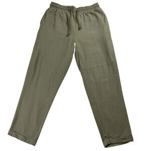 Cisono Pants Womens M Linen Olive Green Elastic Waist Drawstring Casual Y2K Soft